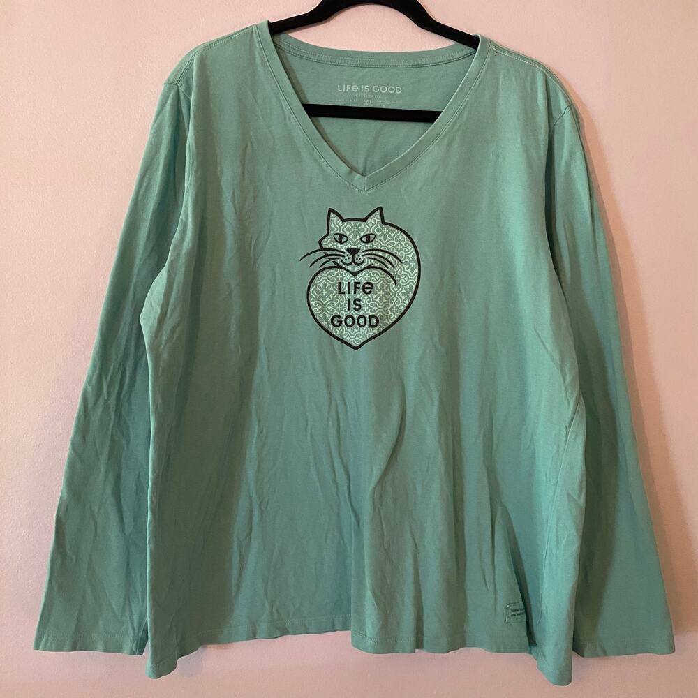 Life Is Good Teal Blue Long Sleeve Crusher Tee V-neck Cat Casual Women's size XL